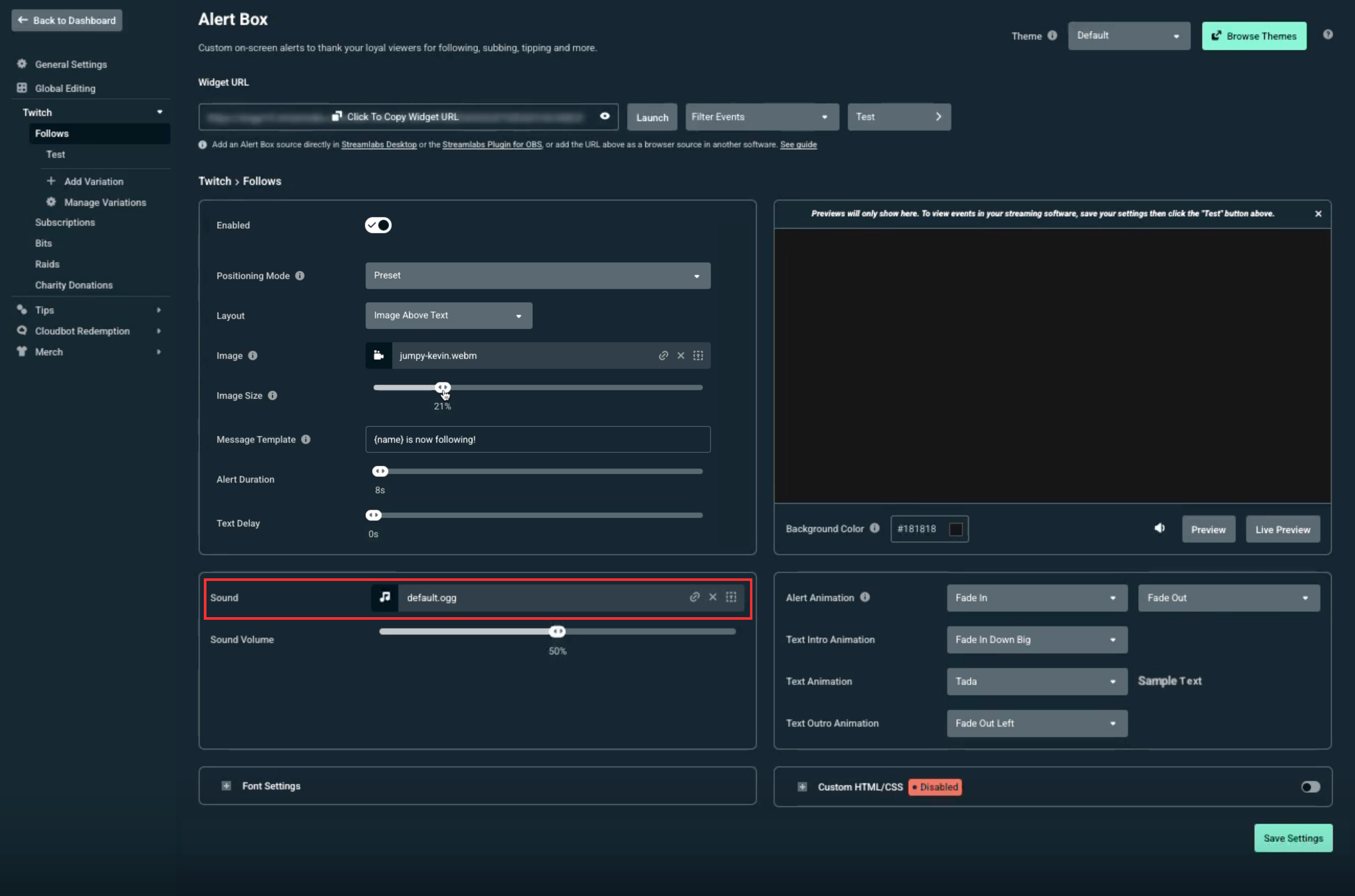 Highlighting the Sound settings area within alert box settings in Dashboard